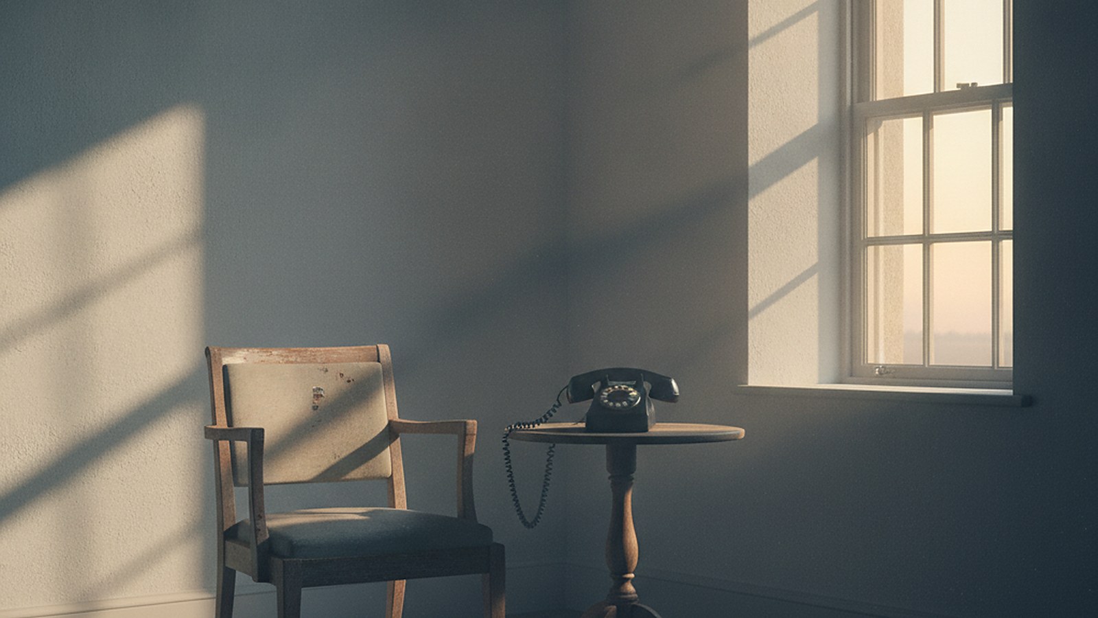 An unanswered telephone beside an empty chair in the quiet light of dawn.
