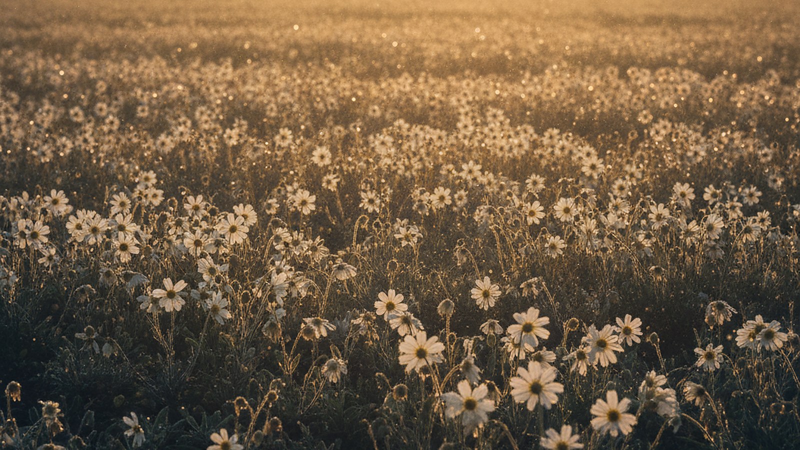 A field of pale wildflowers catching the first light of dawn.