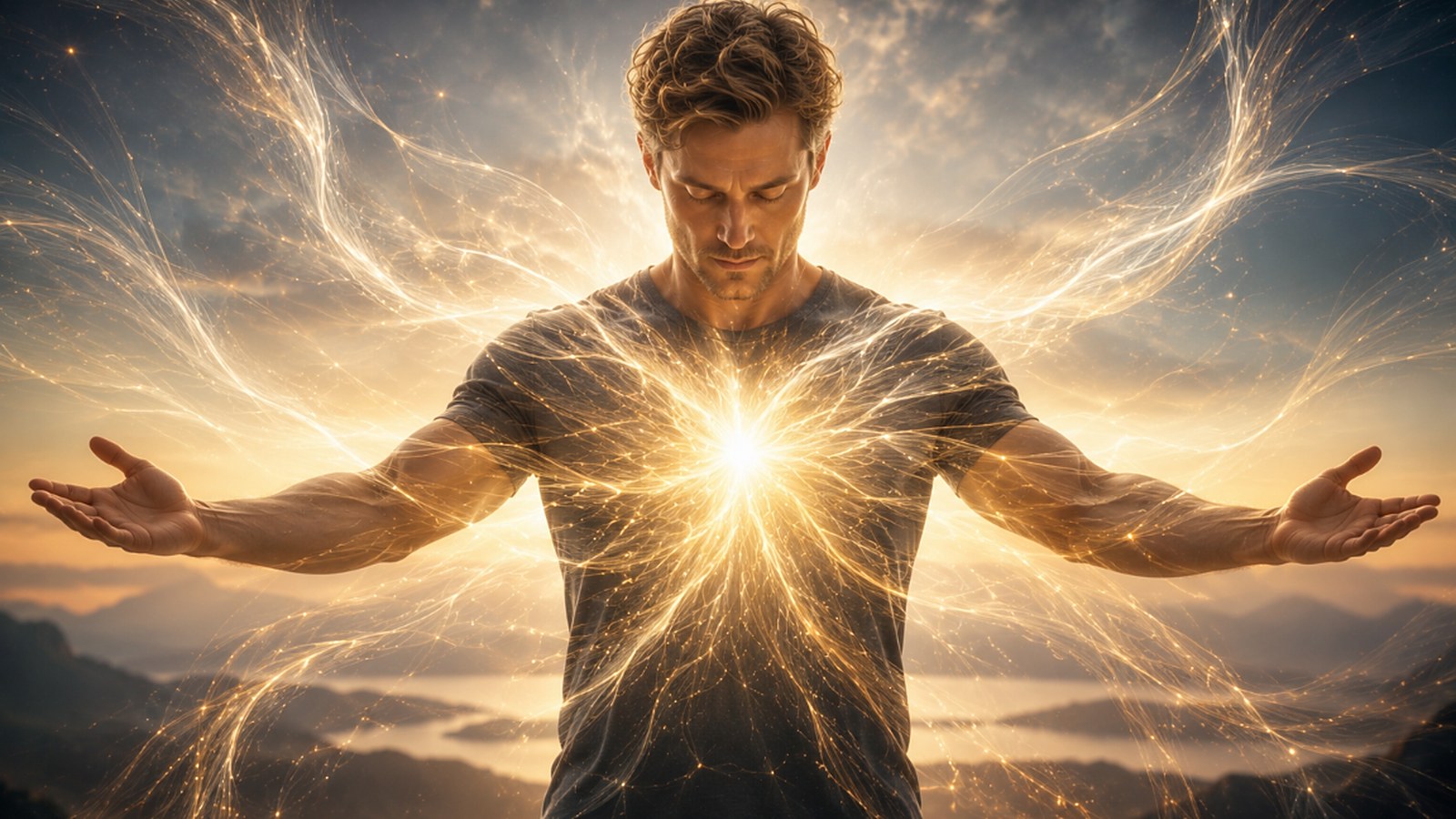 A man stands at dawn with his arms open as golden light radiates from his chest.