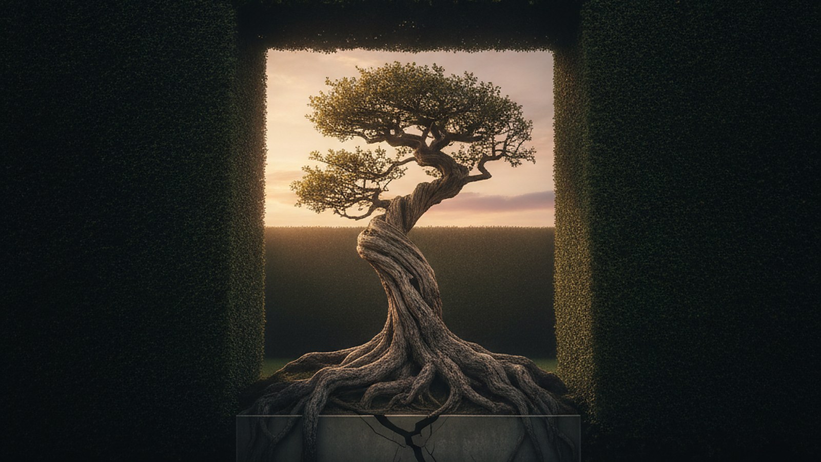 A wind-shaped tree grows through a square opening in a clipped hedge, its roots splitting a geometric stone frame at dawn.