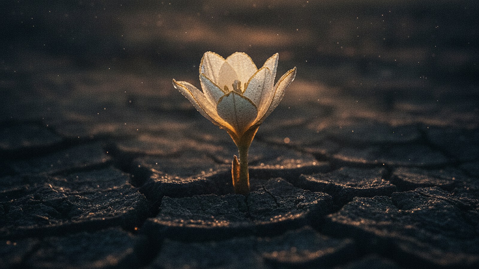 A single luminous flower rising from cracked, scorched earth at first light.